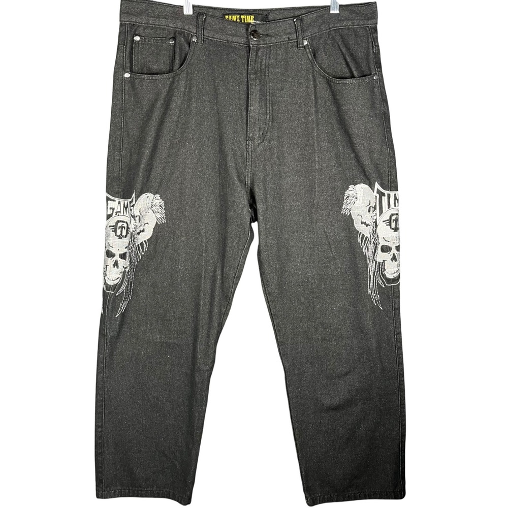 Game Time Denim Jeans‎ Mens 38 Black Embroidered Skull Winged Logo Streetwear